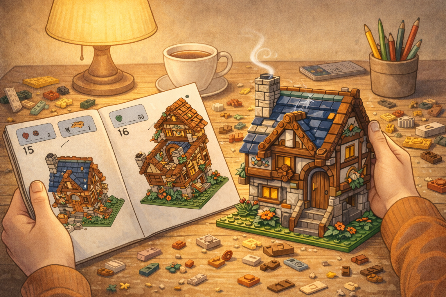 Creative build‑at‑home kit featuring assorted LEGO‑like blocks