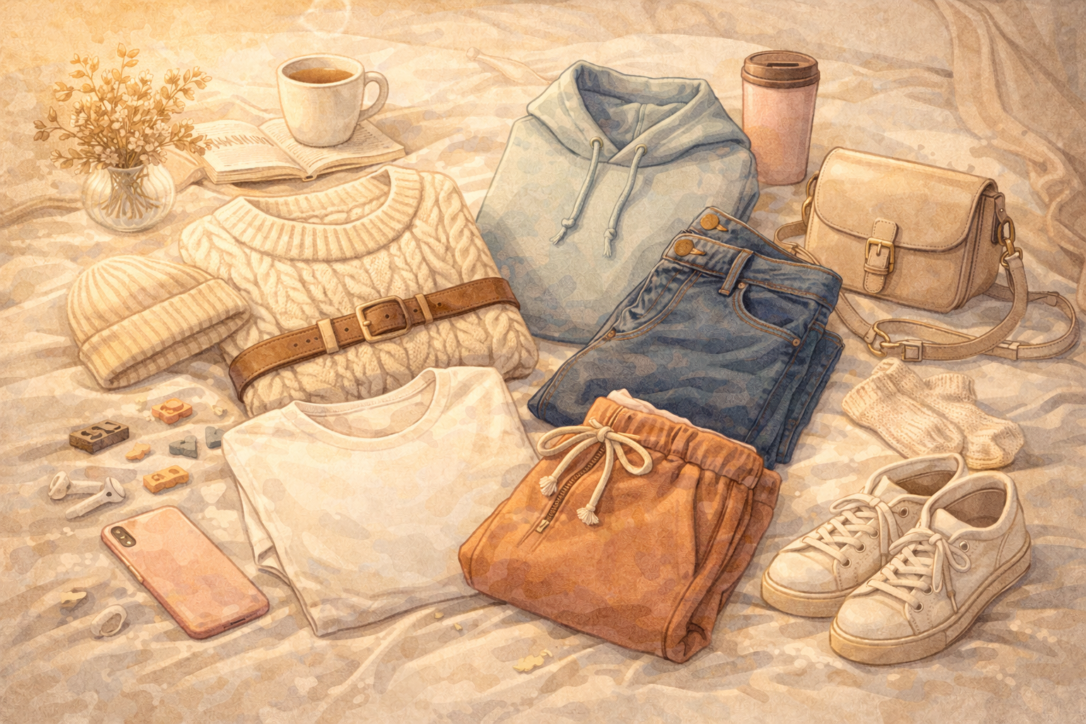 Modern casual fashion essentials featuring streamlined clothing pieces and simple lifestyle items.