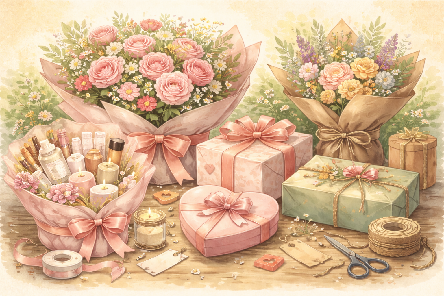 A stylish cosmetic bouquet paired with a custom gift box and curated accessories in a modern layout