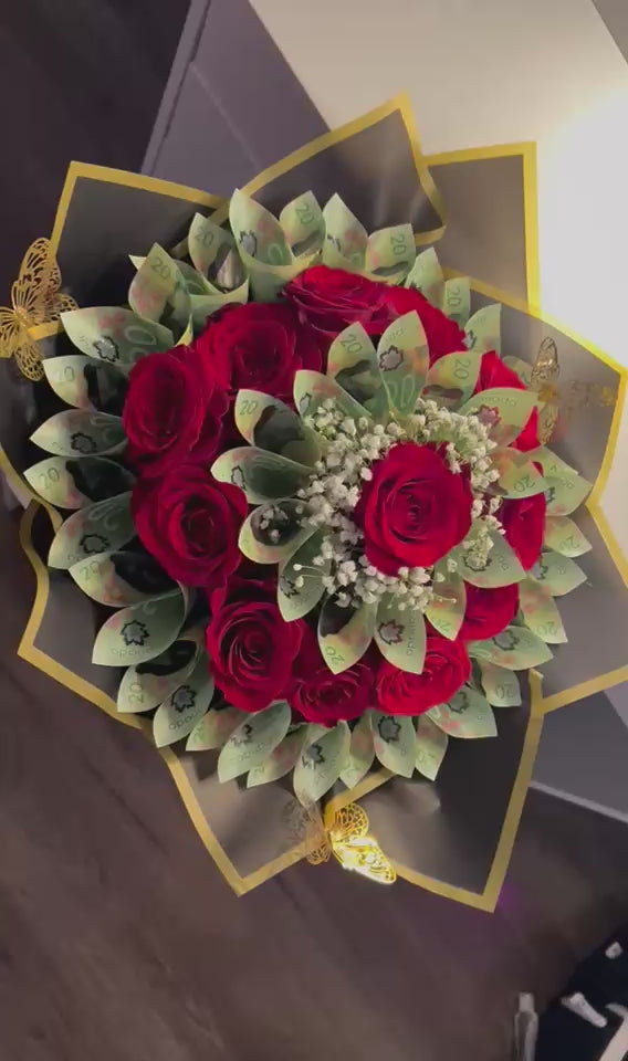 Cash flower bouquet gift arrangement, money roses wrapped in elegant paper