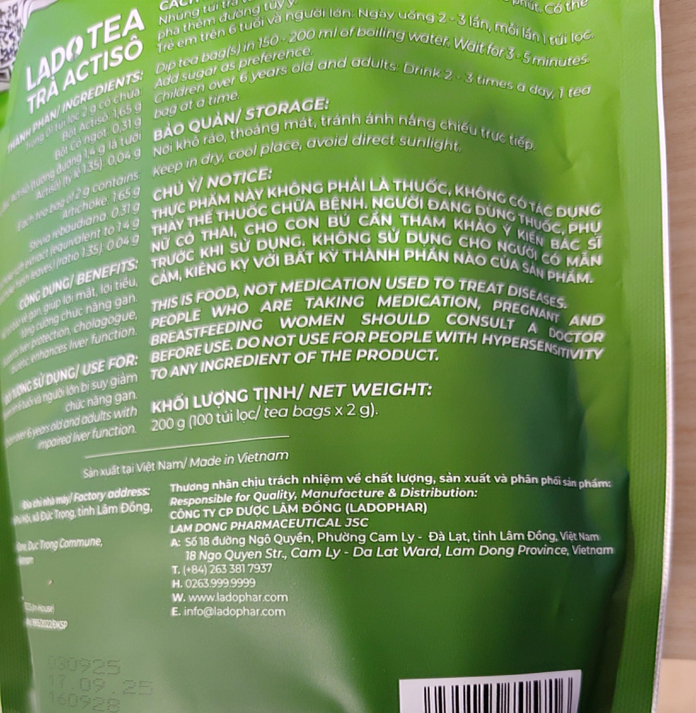 Vietnamese Artichoke Ladophar Herbal Tea – Traditional Da Lat Wellness Tea (100 Tea Bags)